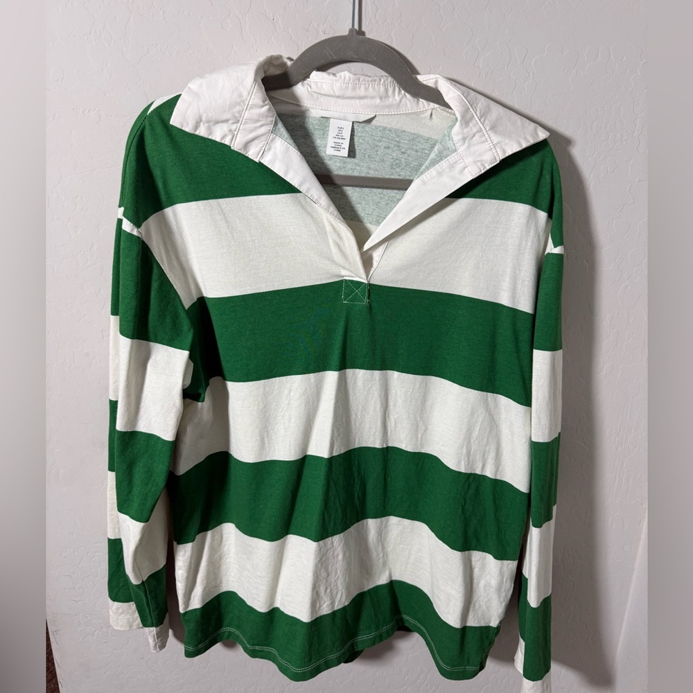 H&M LOOSE-FIT POLO SHIRT. Cream/green striped. Size small.